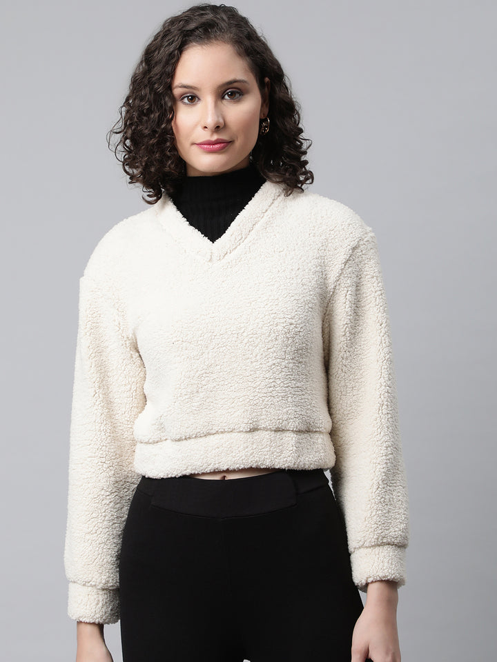 Women Off White Cropped Faux Fur Sweatshirt
