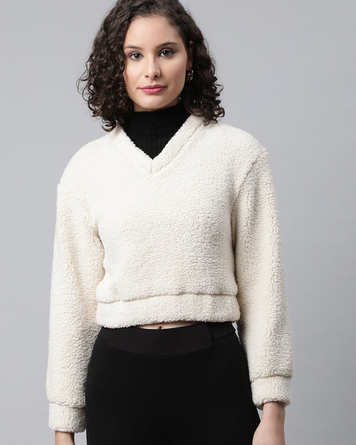 Women Off White Cropped Faux Fur Sweatshirt
