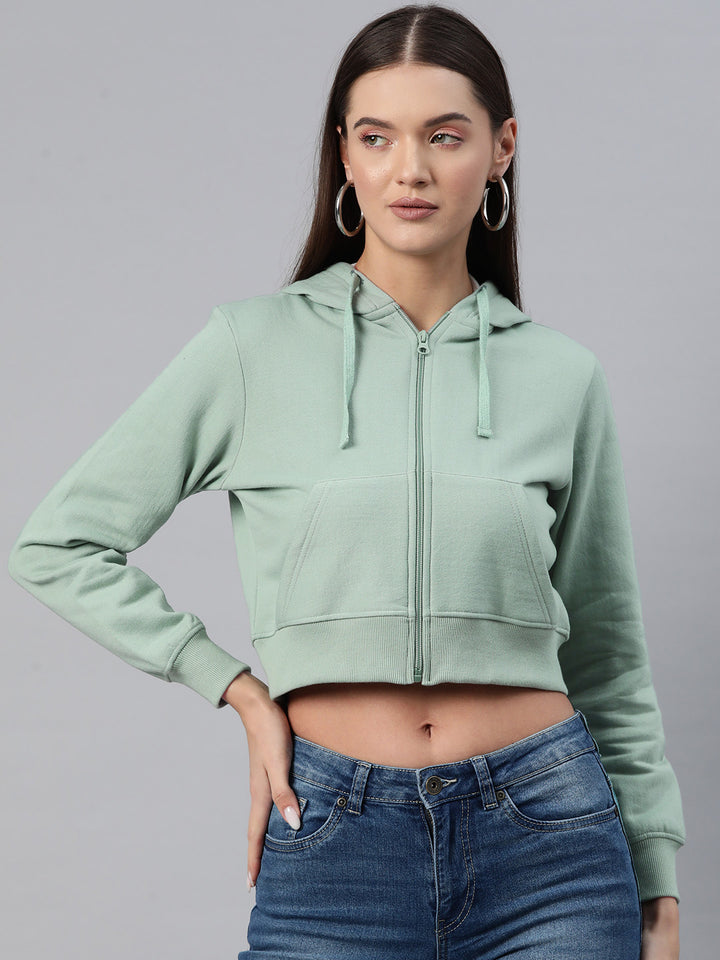 Sea Green Hooded Cropped Fleece Sweatshirt