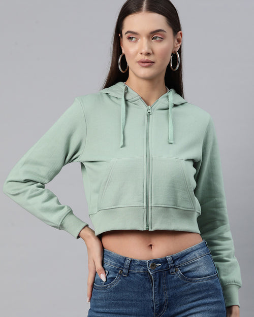Sea Green Hooded Cropped Fleece Sweatshirt