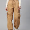 Camel Brown Loose Fit High-Rise Pure Cotton Parachute Cargo Trouser