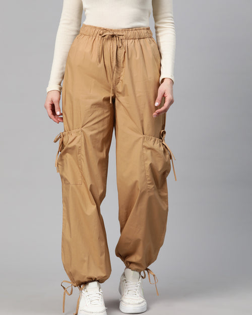 Camel Brown Loose Fit High-Rise Pure Cotton Parachute Cargo Trouser