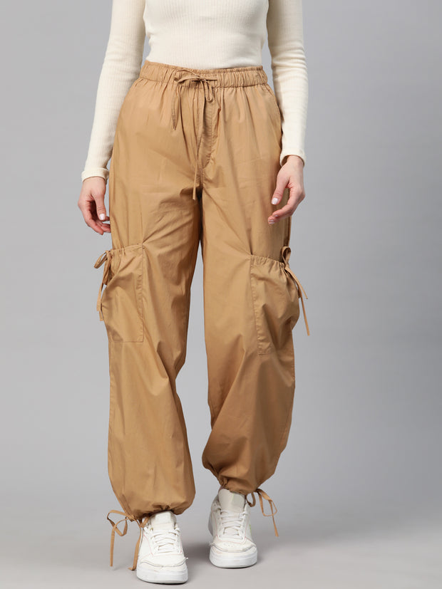 Camel Brown Loose Fit High-Rise Pure Cotton Parachute Cargo Trouser