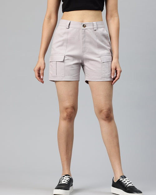 Grey High-Rise Pure Cotton Cargo Shorts