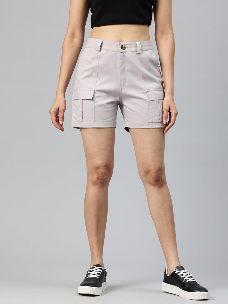 Grey High-Rise Pure Cotton Cargo Shorts