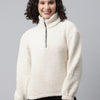 Women Off White Faux Fur Sweatshirt, Half Zipper