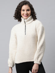 Women Off White Faux Fur Sweatshirt, Half Zipper