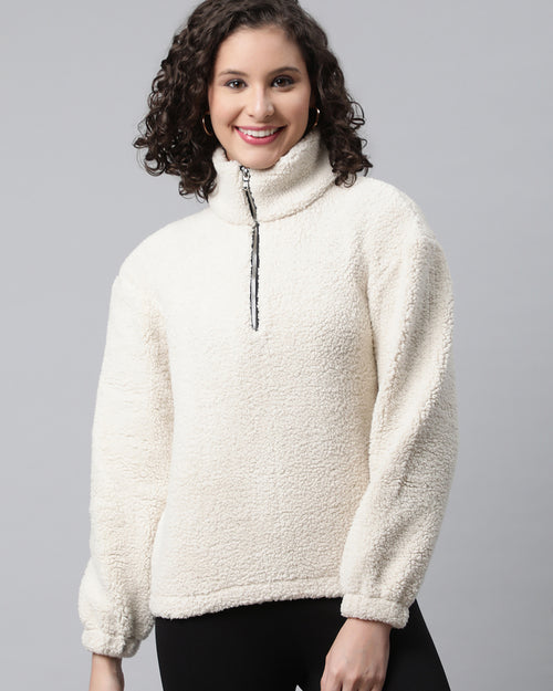 Women Off White Faux Fur Sweatshirt, Half Zipper