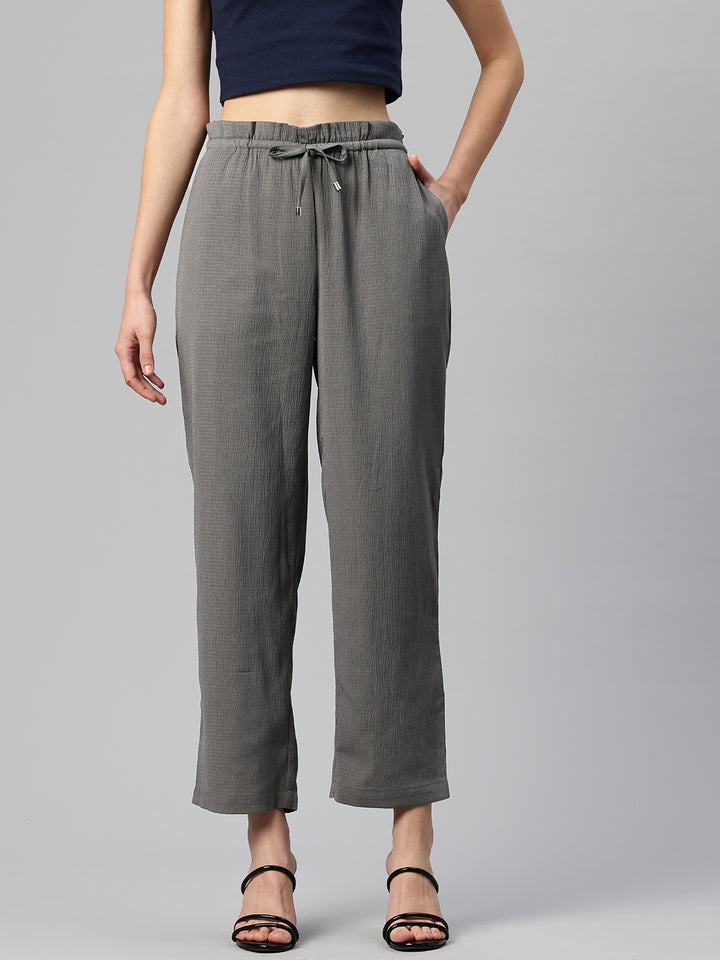 Grey Textured High-Rise Trousers