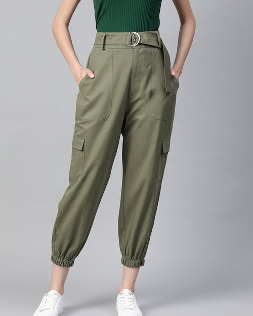 Women Olive Green  Cotton Cropped Cargo Joggers with Belt