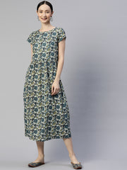 Teal Floral Printed Cotton A-Line Dress