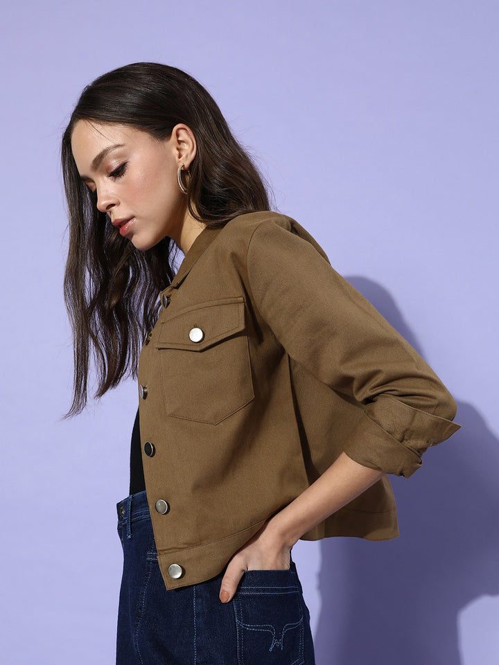 Khaki Solid Pure Cotton Denim Trucker Jacket
