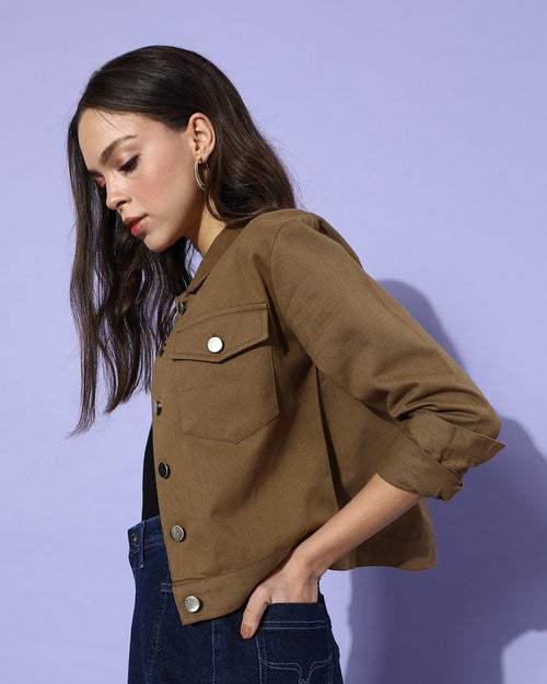 Khaki Solid Pure Cotton Denim Trucker Jacket