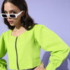 Women Fluorescent Green Solid Pure Cotton Cropped Jacket