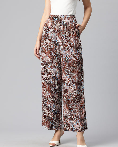 Brown Women Ethnic Motifs Printed Loose Fit High-Rise Trousers