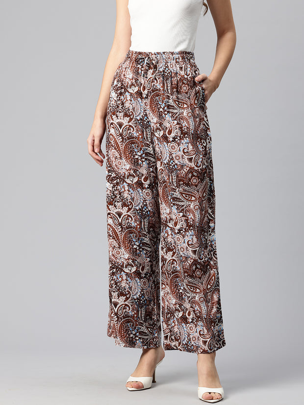 Brown Women Ethnic Motifs Printed Loose Fit High-Rise Trousers