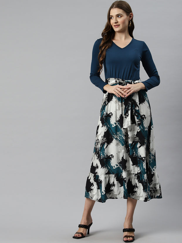 Teal and White Abstract Print A-Line Tiered Midi Dress with Belt