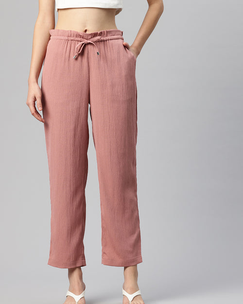Pink Woven Textured High-Rise Trousers