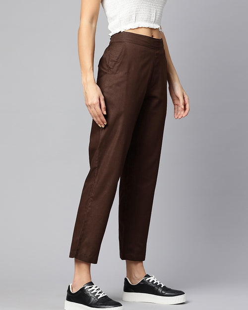Coffee Brown Pure Cotton Peg Trousers