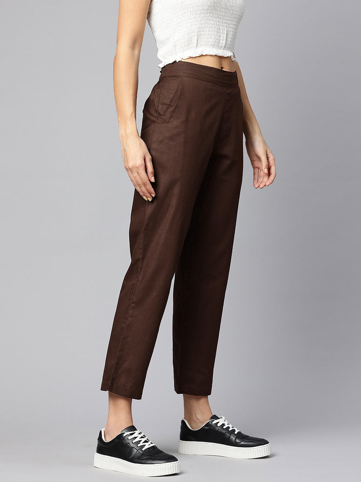 Coffee Brown Pure Cotton Peg Trousers