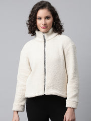 Woman Off White Faux-Fur Sweatshirt, Full Zipper