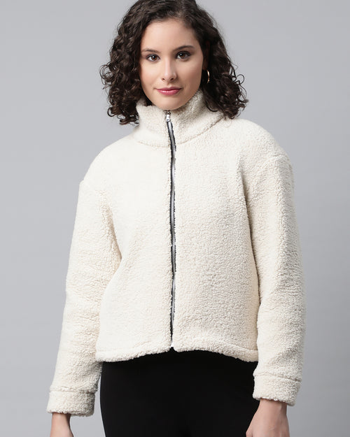 Woman Off White Faux-Fur Sweatshirt, Full Zipper