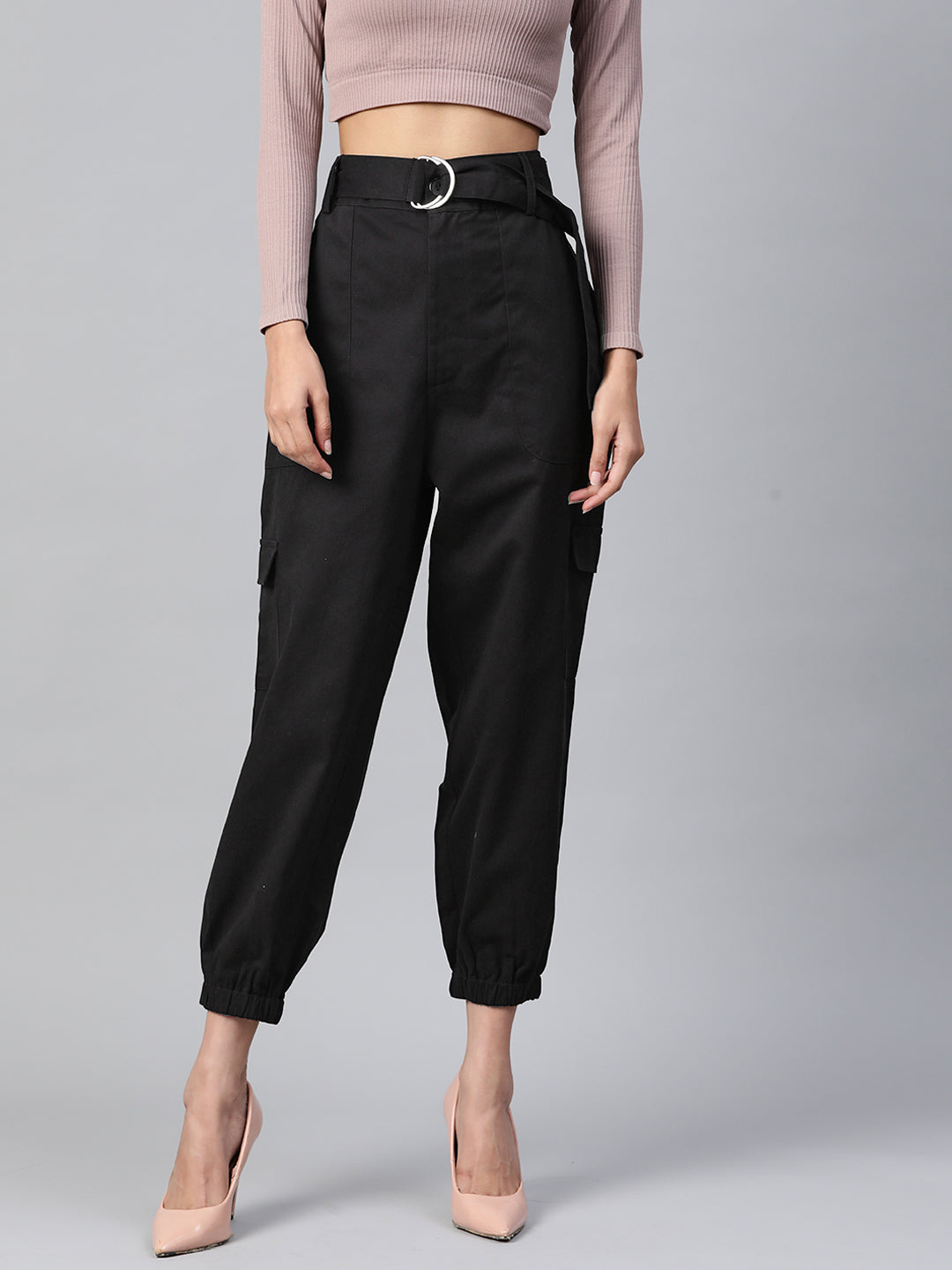 Women Black High-Rise Cargo Joggers with Belt