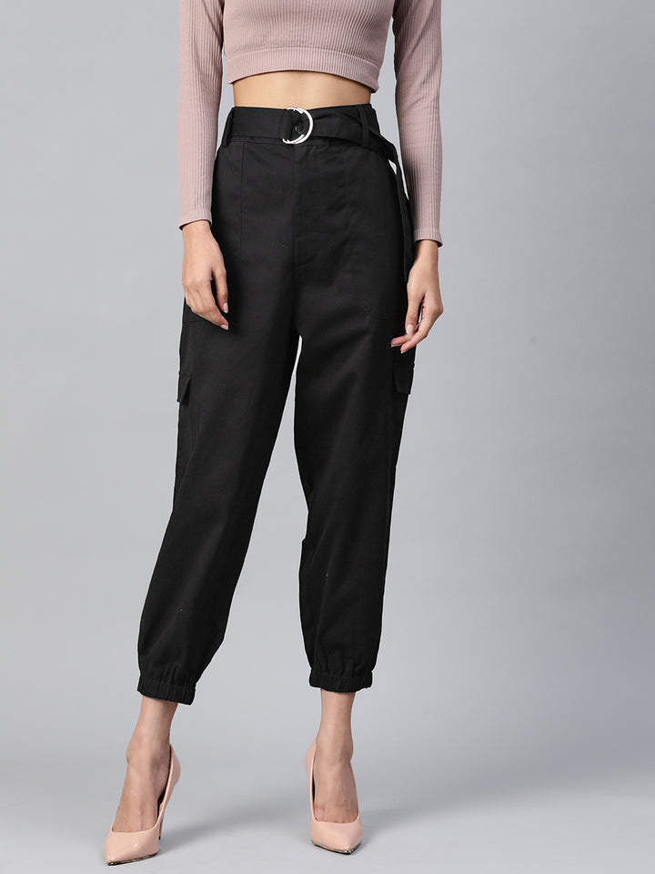 Women Black High-Rise Cargo Joggers with Belt