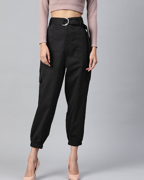 Women Black High-Rise Cargo Joggers with Belt