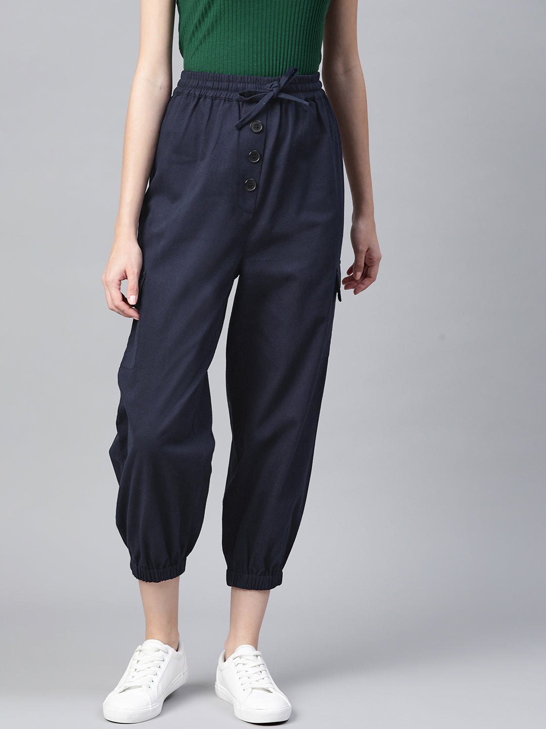Women Blue Cotton Cropped Joggers
