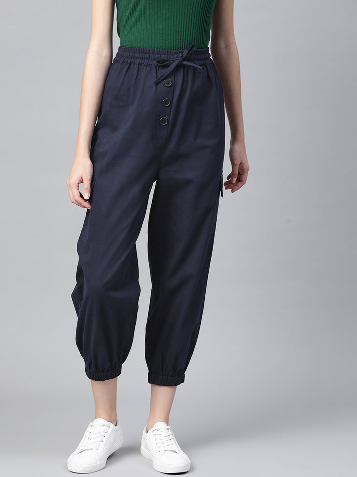 Women Blue Cotton Cropped Joggers