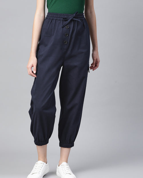 Women Blue Cotton Cropped Joggers