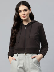 Brown Crop Fleece Hooded Sweatshirt