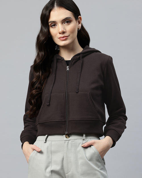Brown Crop Fleece Hooded Sweatshirt