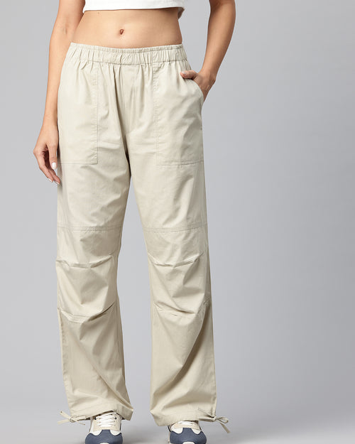 Beige Women Loose Fit High-Rise Cargos Trousers