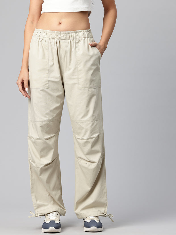 Beige Women Loose Fit High-Rise Cargos Trousers