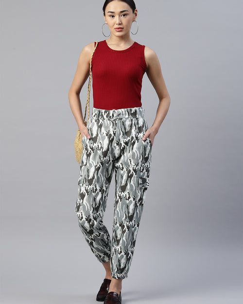 Grey Camouflage Printed Cargos Trousers with Belt