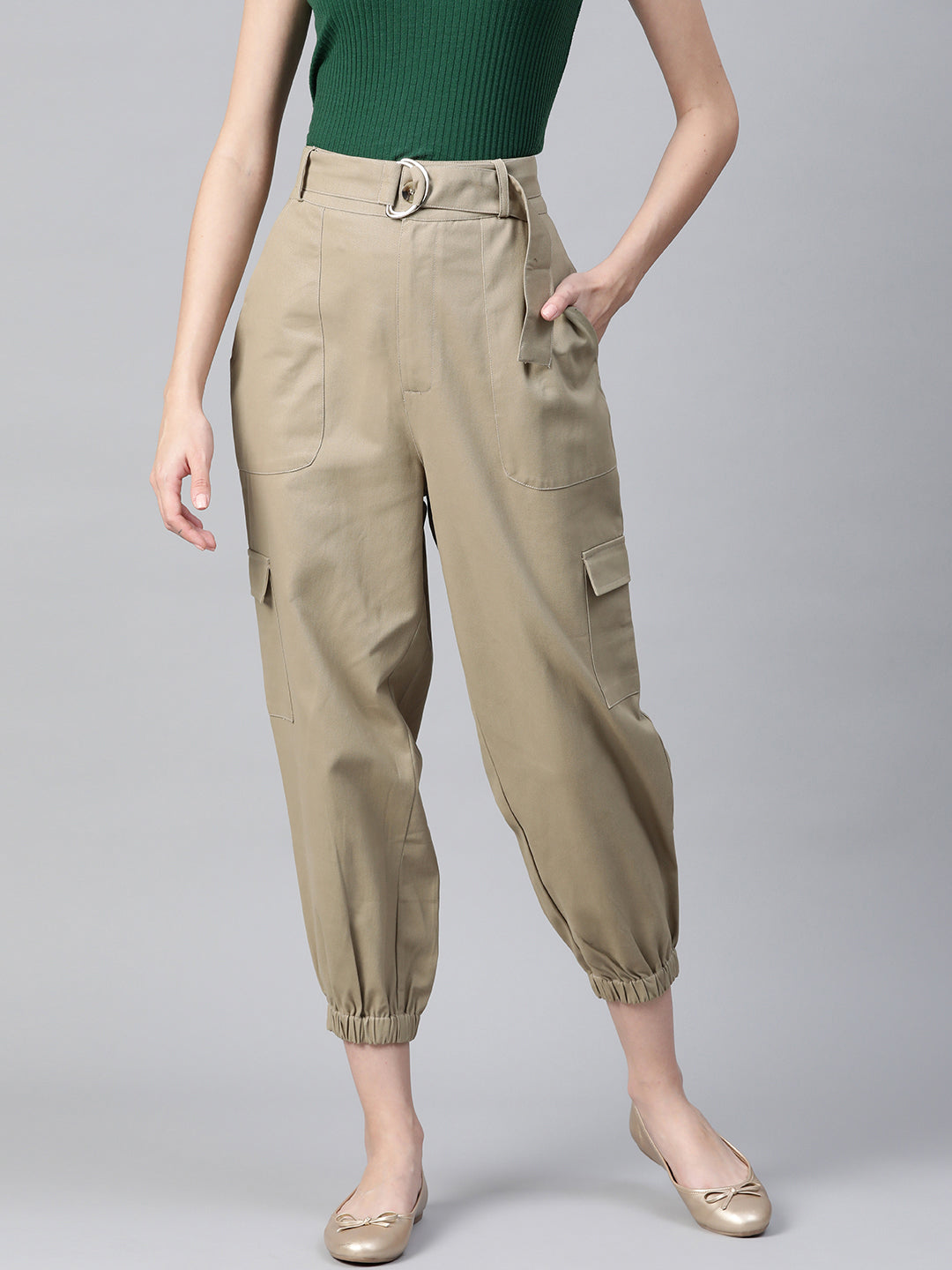 Women Beige High-Rise Cargo Joggers with Belt