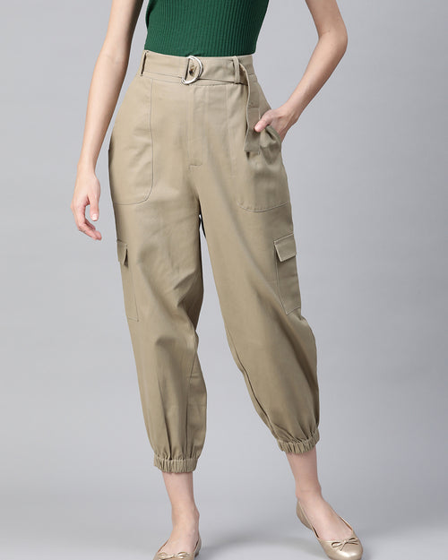 Women Beige High-Rise Cargo Joggers with Belt
