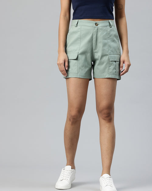 Sea Green High-Rise Pure Cotton Cargo Shorts