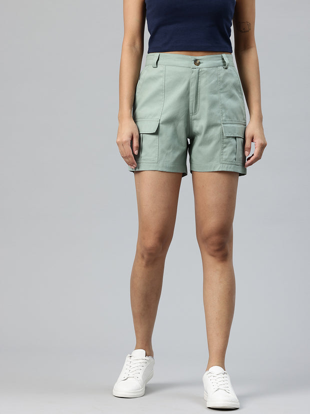 Sea Green High-Rise Pure Cotton Cargo Shorts