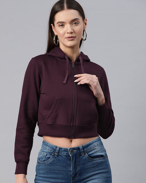 Burgundy Hooded Cropped Fleece Sweatshirt