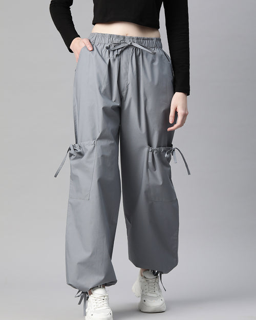 Grey Loose Fit High-Rise Pure Cotton Parachute Cargo Trouser