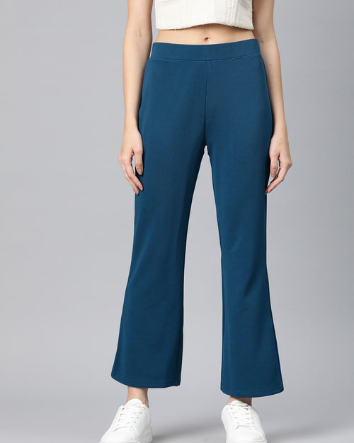 Teal Slim Fit High-Rise Bootcut Trousers