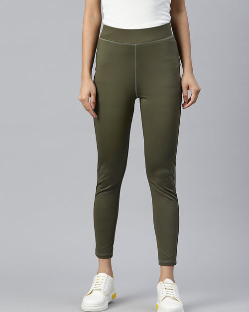 Olive Green Solid Ankle Length Slim Fit Leggings