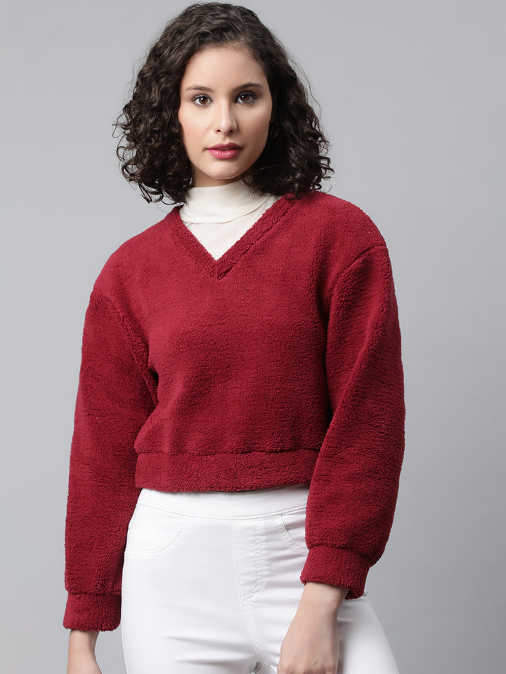 Maroon Cropped Faux Fur Sweatshirt