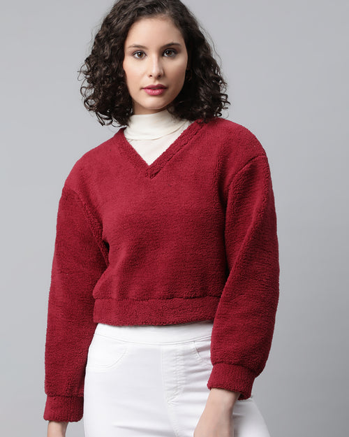 Maroon Cropped Faux Fur Sweatshirt