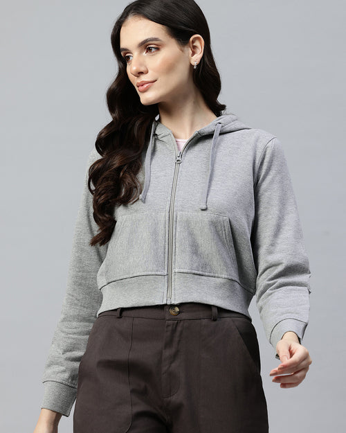 Grey melange Crop Fleece Hooded Sweatshirt