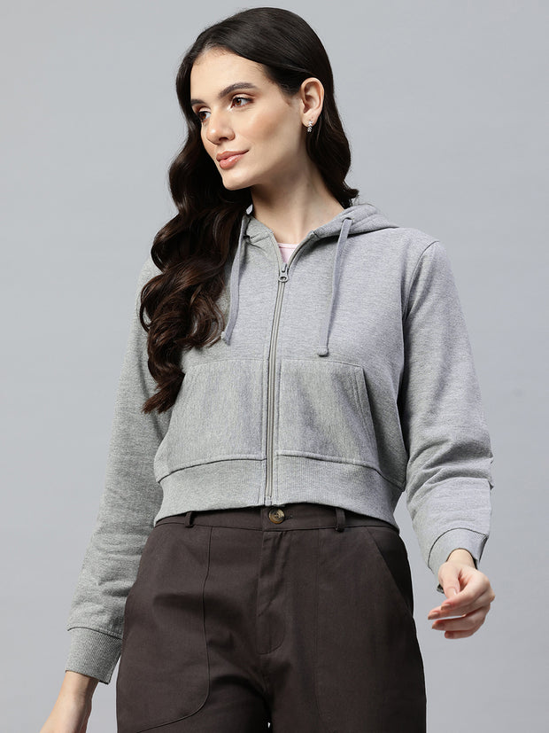 Grey melange Crop Fleece Hooded Sweatshirt