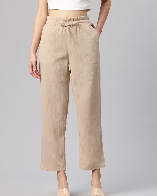 Beige Textured High-Rise Trousers
